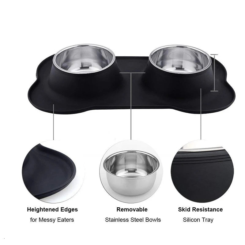 Plato doble de acero inoxidable con base antiderrapante – perros