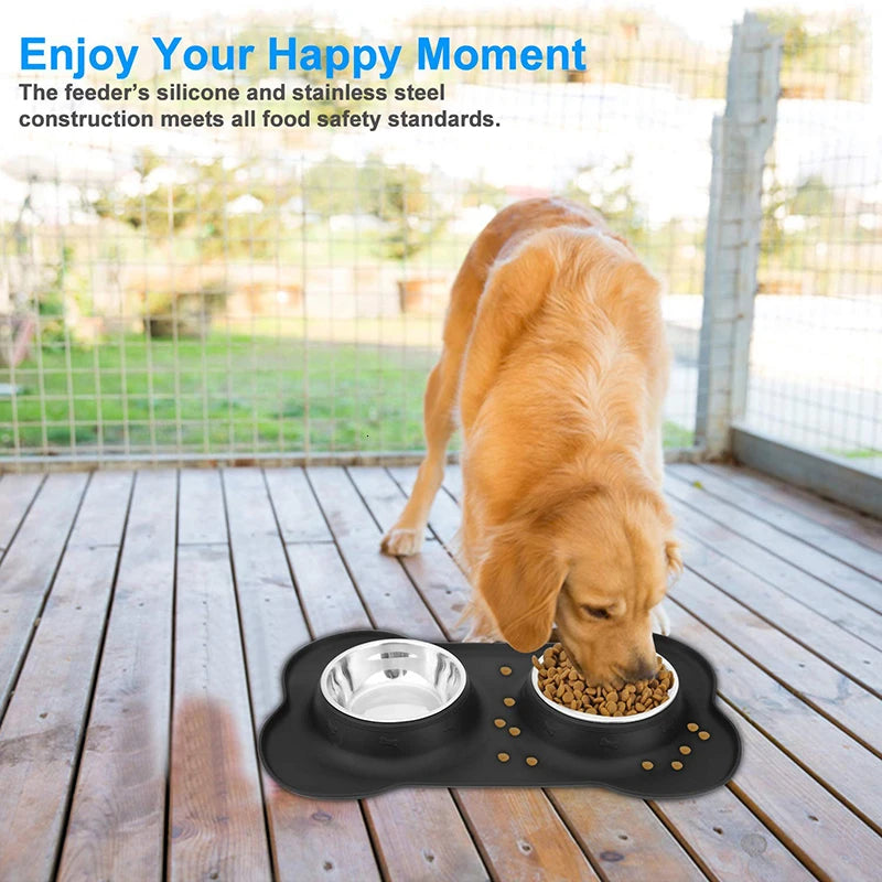 Plato doble de acero inoxidable con base antiderrapante – perros