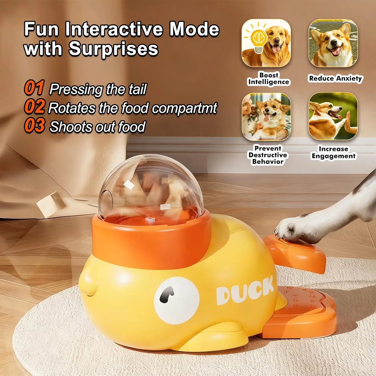 Dispensador de premios de patito – comedero lento interactivo