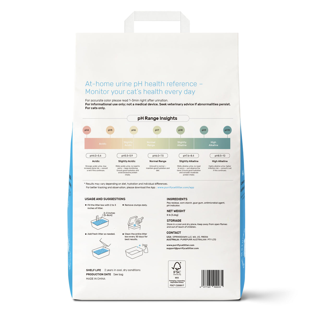 Arena para gato vegetal aglutinante Purrify® con indicador de pH